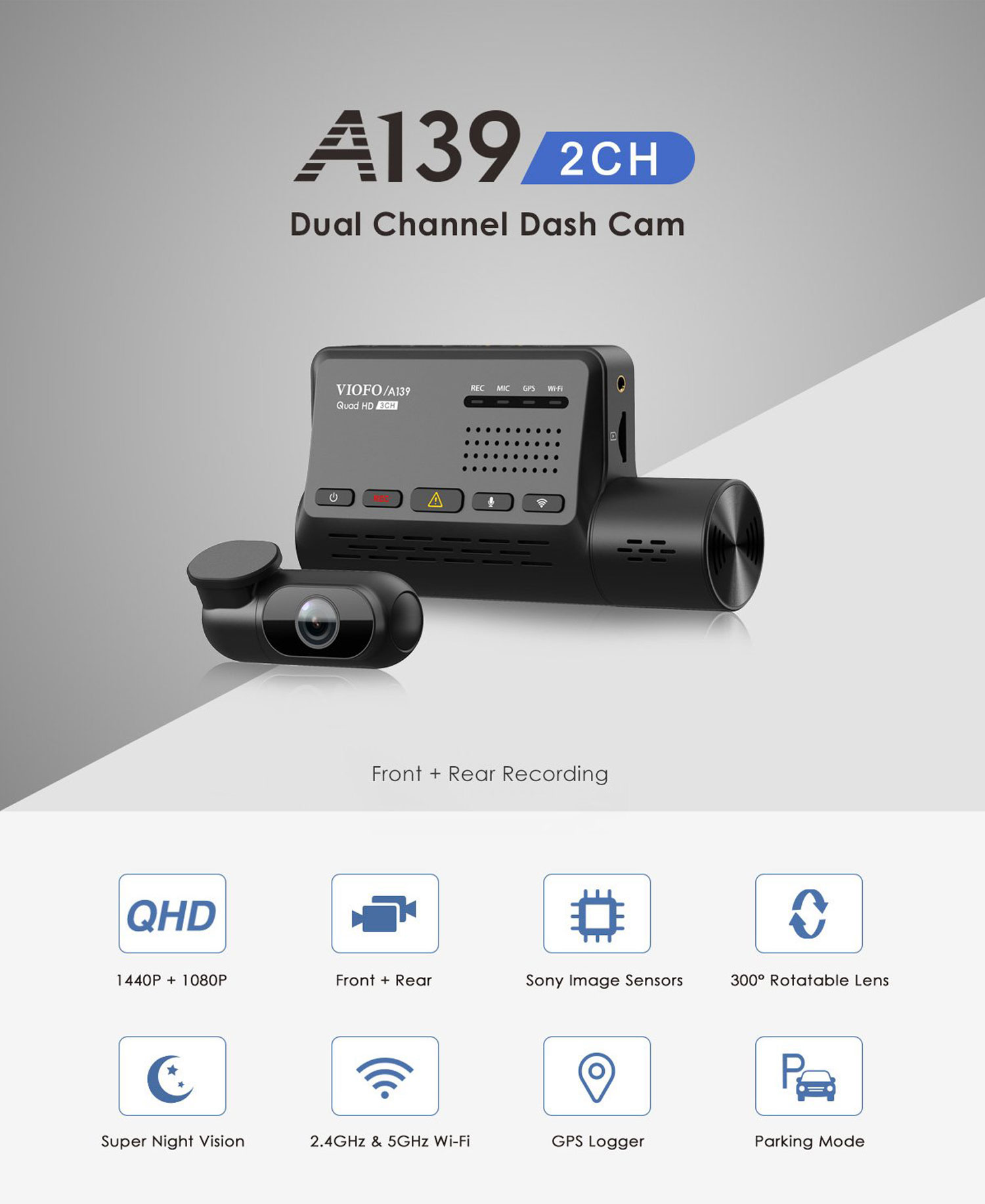 A139 2CH DUAL CHANNEL DASH CAM FRONT 2K 1440P + REAR 1080P 5GHZ WI-FI GPS  DASH CAMERA